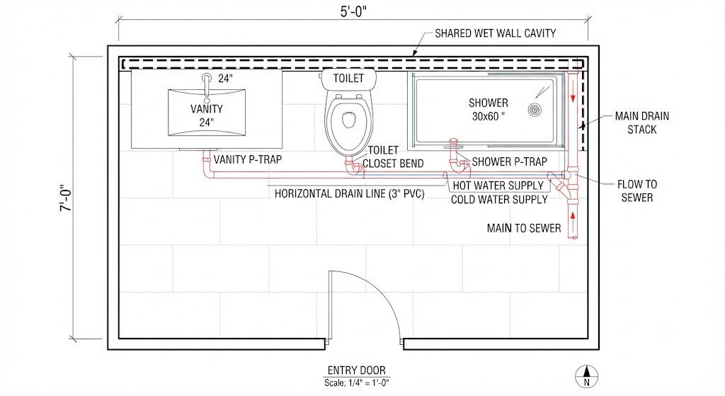 5x7 bathroom floor plan showing single wet wall strategy with all three fixtures on one wall