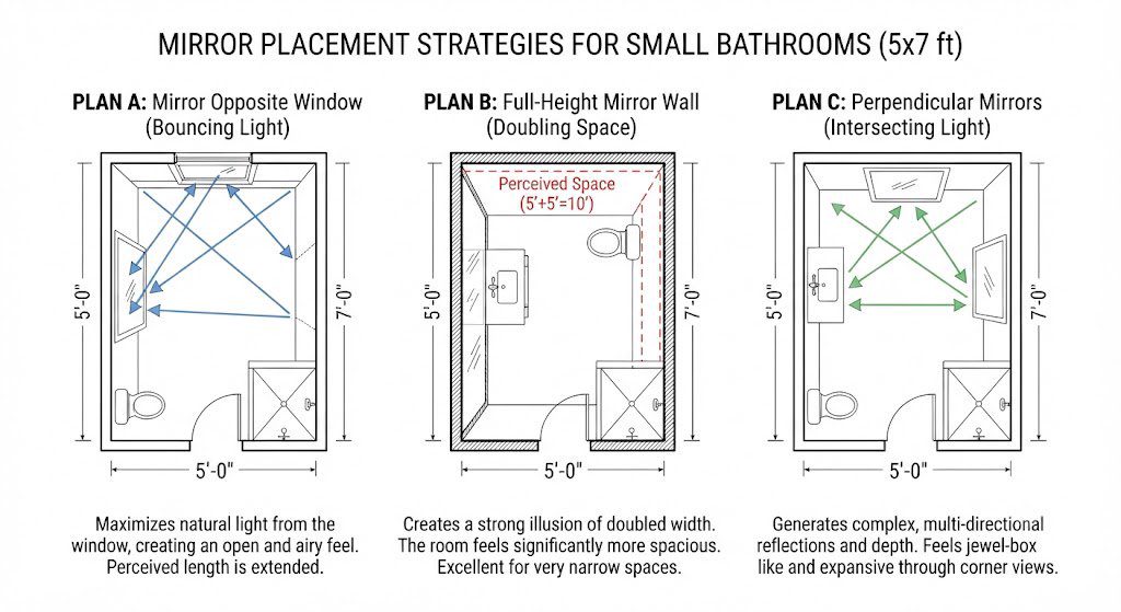 Mirror placement for small bathrooms – light multiplication plan views Bathroom mirror placement strategies diagram – opposite window, full-height wall, and perpendicular double mirrors