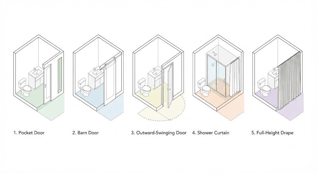 Five bathroom door swing solutions compared – pocket door, barn door, outward swing, shower curtain, and full-height drape