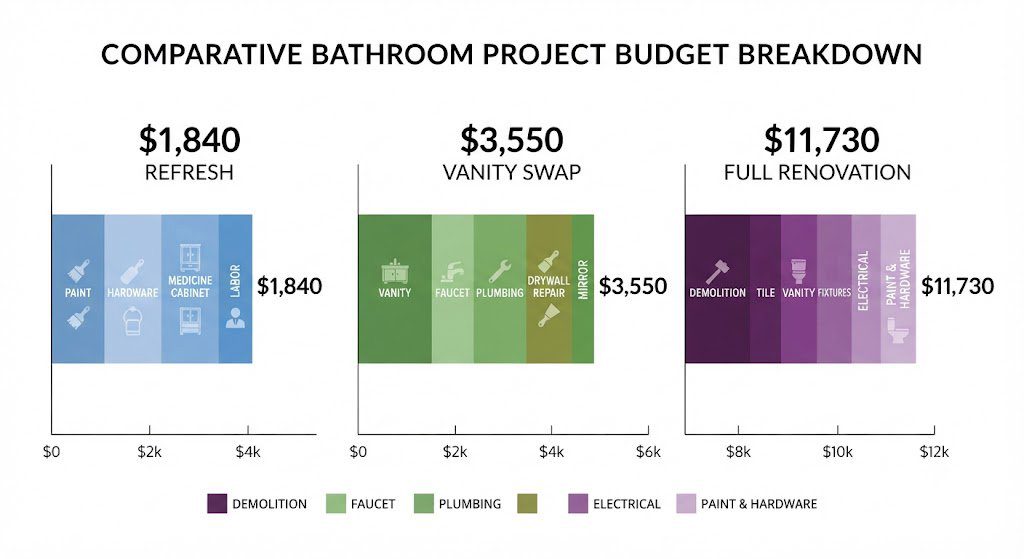 2026 bathroom refresh cost comparison – $1,840 paint-and-hardware vs $3,550 vanity swap vs $11,730 full cosmetic renovation