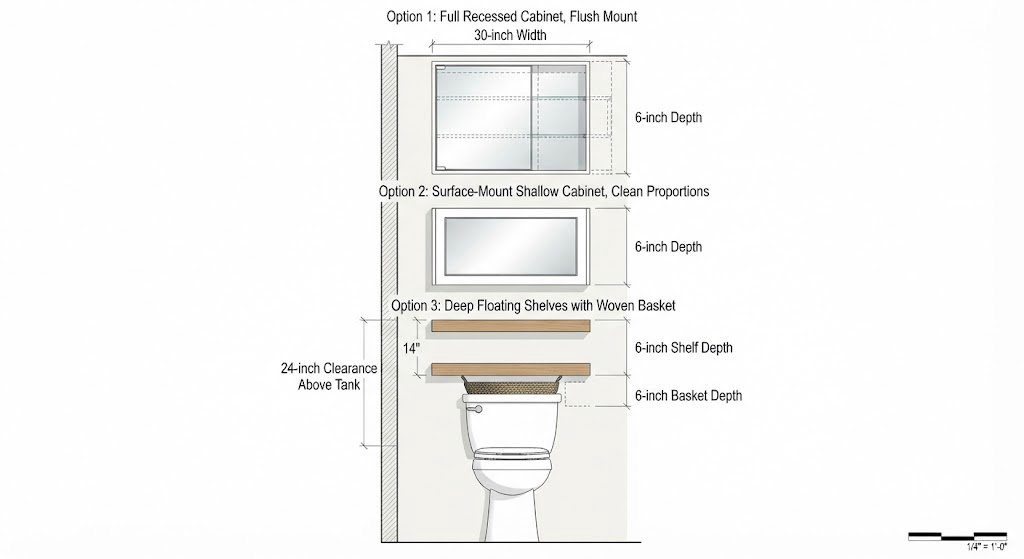 Three over-toilet storage solutions compared – recessed cabinet, surface-mount cabinet, and floating shelves with dimension callouts