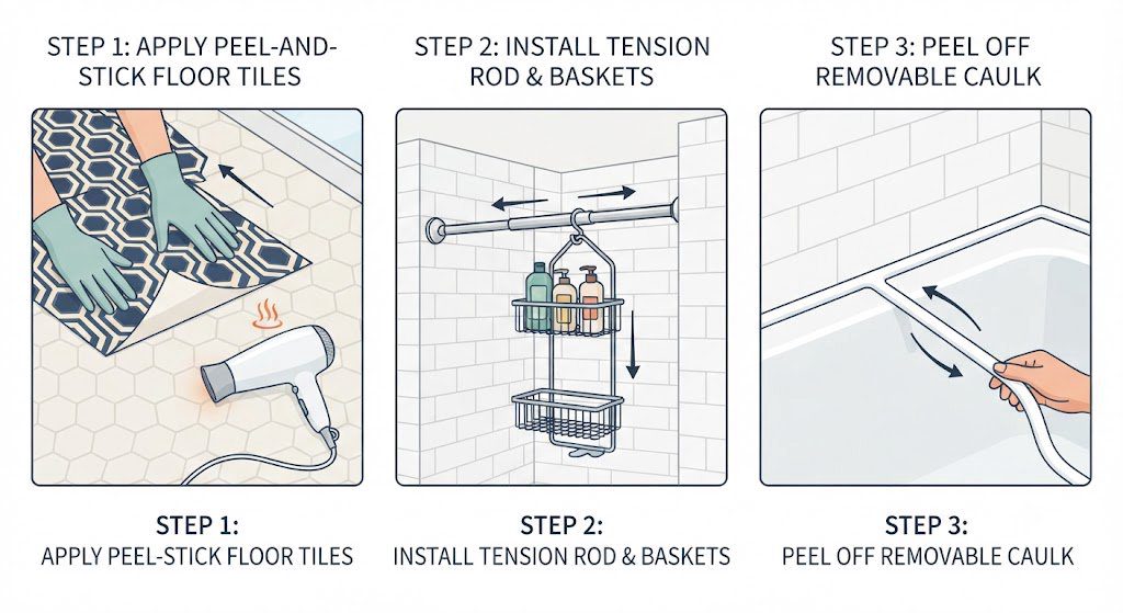 4x6 powder room floor plan and elevation diagram showing toilet placement, floating vanity, and floor-to-ceiling zellige tile wall