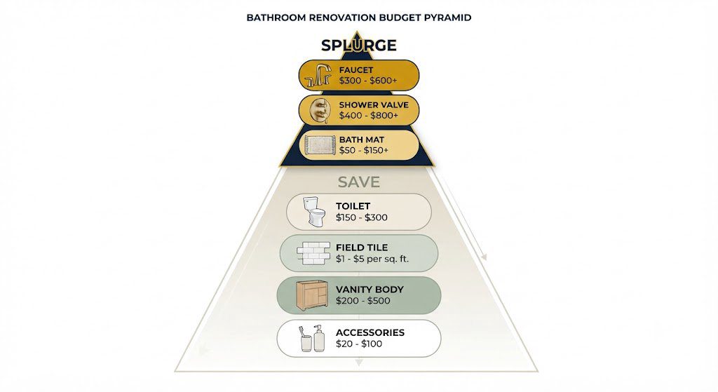  Bathroom budget splurge vs save hierarchy diagram showing faucet and shower valve at top, toilet and tile at bottom