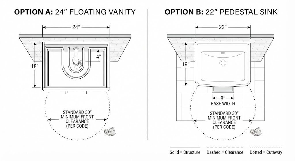 Floating vanity versus pedestal sink – storage capacity and clearance comparison Floating vanity vs pedestal sink dimension comparison showing drawer depth and floor footprint differences