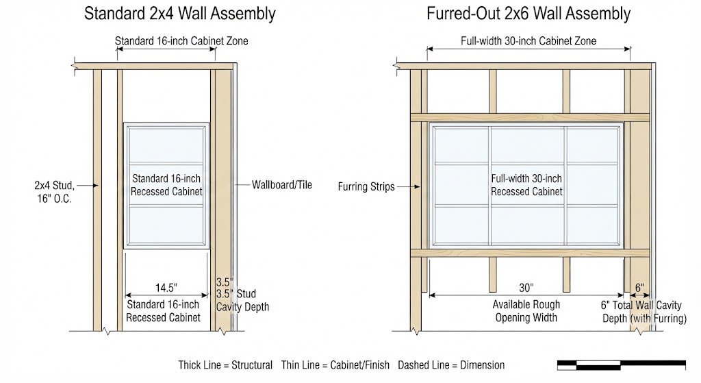 Wall section diagram comparing a shallow standard medicine cabinet cavity with a furred-out full-width recessed cabinet installation at 6 inches deep
