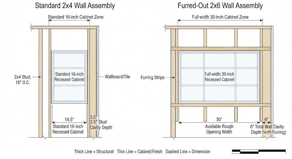 Wall section diagram comparing a shallow standard medicine cabinet cavity with a furred-out full-width recessed cabinet installation at 6 inches deep