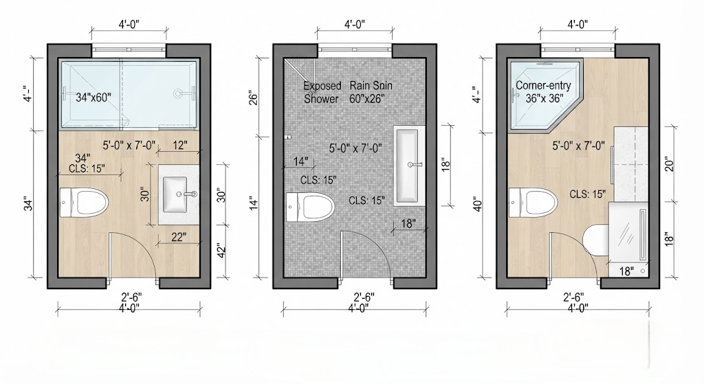 Incorrect vs correct small bathroom layout comparison showing toilet clearance issues and the toilet-first placement solution