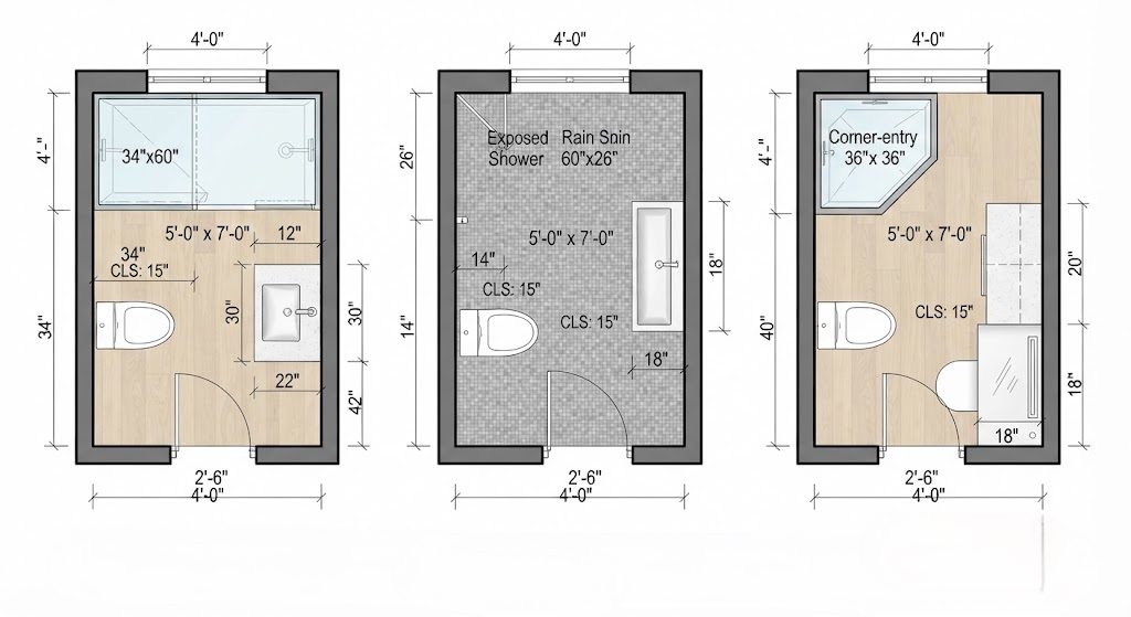 Incorrect vs correct small bathroom layout comparison showing toilet clearance issues and the toilet-first placement solution