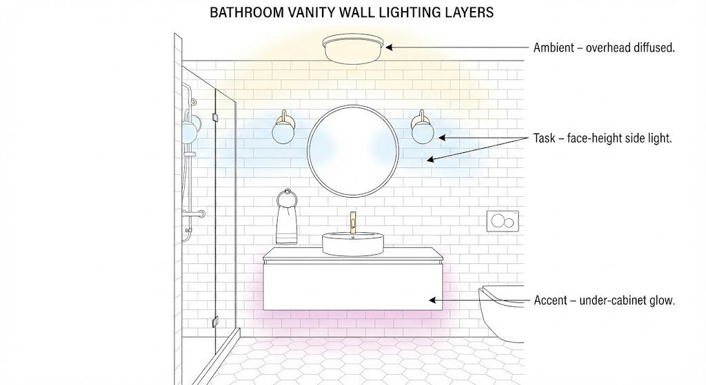 Bathroom lighting layers – ambient, task, and accent placement Three layers of bathroom lighting diagram – ambient ceiling, task sconces, accent under-vanity strip