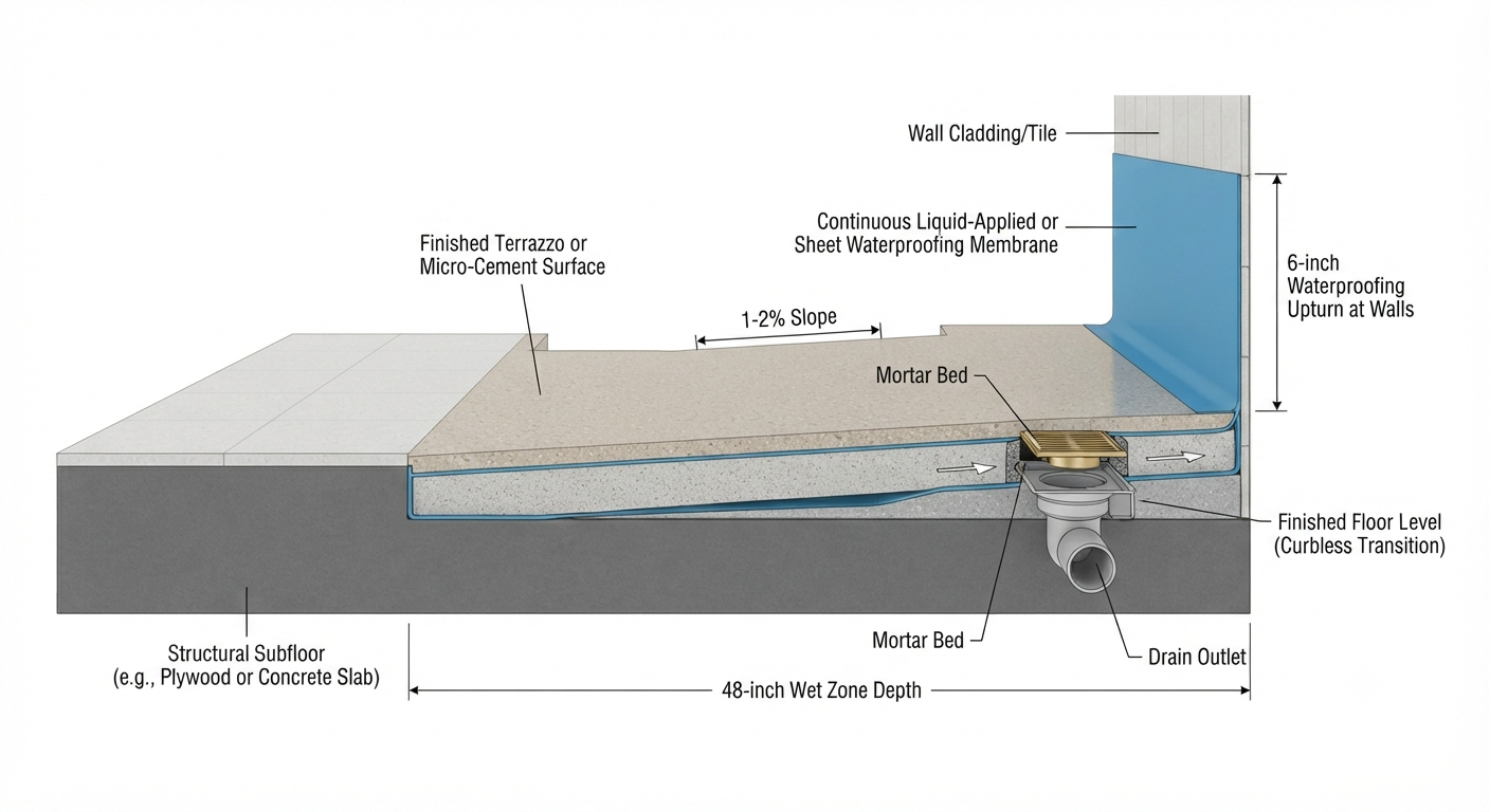 Cross-section diagram of a curbless wet room floor showing waterproofing membrane, mortar bed slope, and linear drain