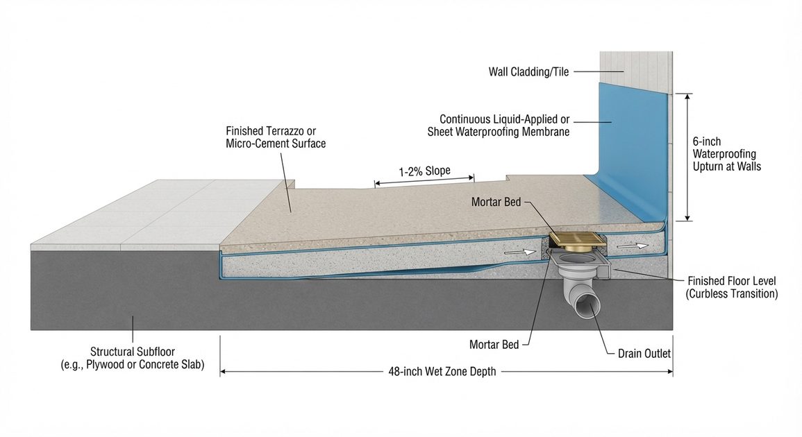 Cross-section diagram of a curbless wet room floor showing waterproofing membrane, mortar bed slope, and linear drain