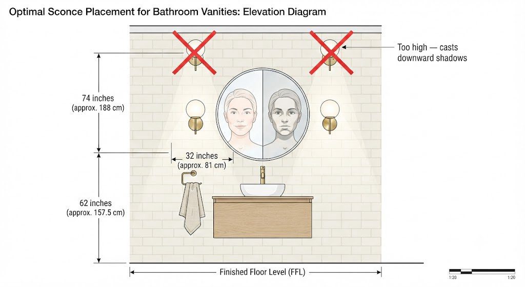 Sconce placement height guide – eye level vs ceiling level bathroom lighting Bathroom sconce placement diagram showing correct eye-level height at 62 inches versus too-high placement with shadow comparisons