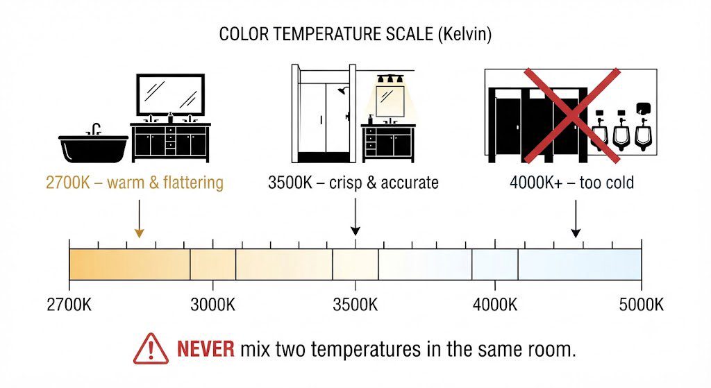 Warm white vs cool white bathroom lighting color temperature scale Bathroom color temperature guide from 2700K to 4000K with recommended applications