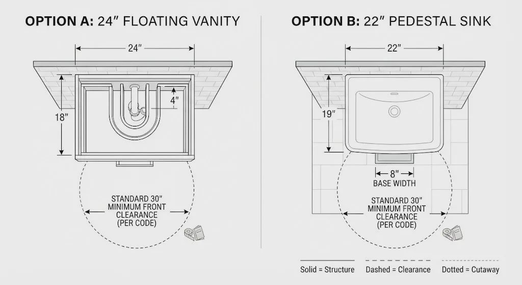 Floating vanity vs pedestal sink dimension comparison showing drawer depth and floor footprint differences