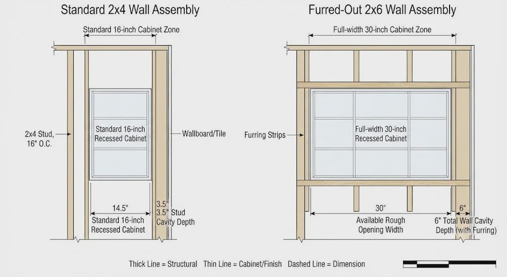 Wall section diagram comparing a shallow standard medicine cabinet cavity with a furred-out full-width recessed cabinet installation at 6 inches deep